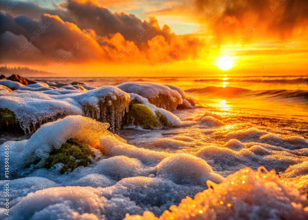 Breathtaking sunset over ocean, with vibrant orange and yellow hues reflecting on water. Waves gently crash against shore, creating serene atmosphere Breathtaking sunset over ocean, with vibrant orange and yellow hues reflecting on water. Waves gently crash against shore, creating serene atmosphere