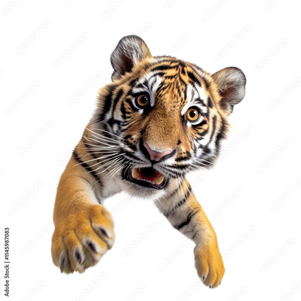 Obraz premium portrait cute funny Tiger, wild animal, jumps towards the camera, fluffy pet, isolated 