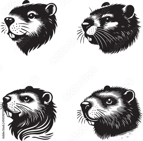 4 Set of Black Beaver Face Silhouettes Isolated on White Background photo