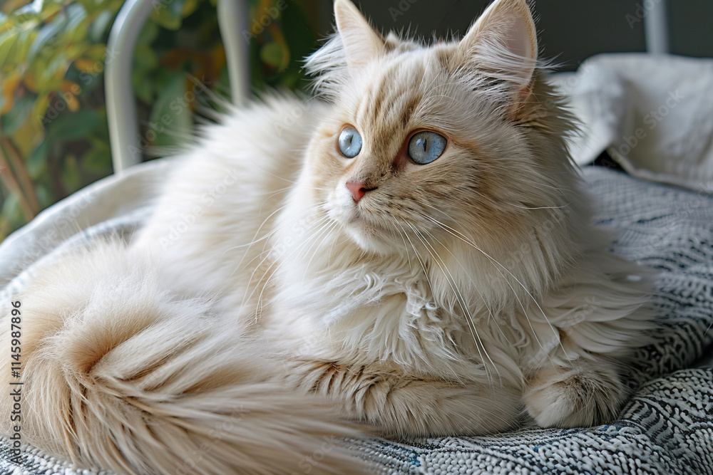 Obraz premium A fluffy Ragamuffin cat relaxing peacefully on a cozy bed with soft blankets during the day