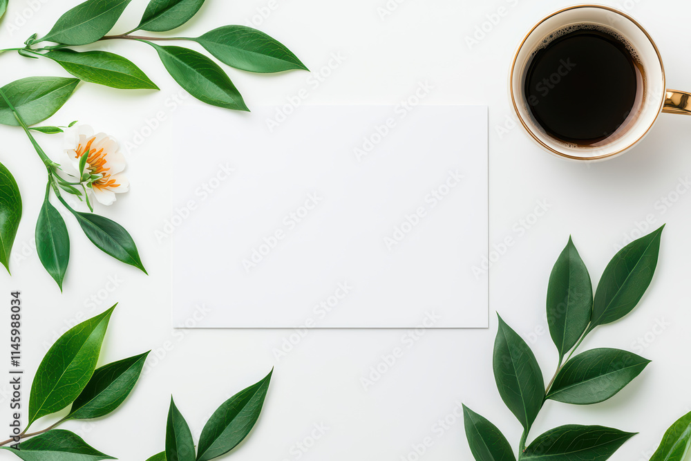 flat lay of empty mock up frame surrounded by green leaves and coffee cup, creating serene and inviting atmosphere flat lay of empty mock up frame surrounded by green leaves and coffee cup, creating serene and inviting atmosphere