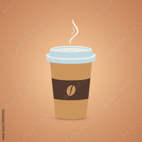 A minimalist illustration of a takeaway coffee cup with a steaming lid and a coffee bean logo on the sleeve. making it perfect for cafe promotions, coffee shops and food branding.