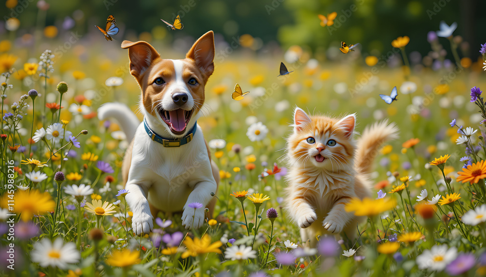 Playful dog and kitten running joyfully through a colorful flower field with butterflies Playful dog and kitten running joyfully through a colorful flower field with butterflies