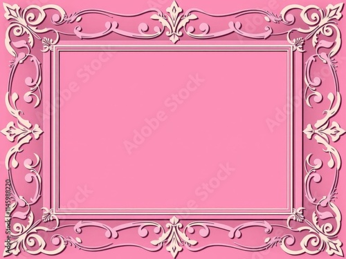 Pink ornate picture frame with center cutout, suitable for vertical images, on a pink background, illustration, ornate, decorative photo