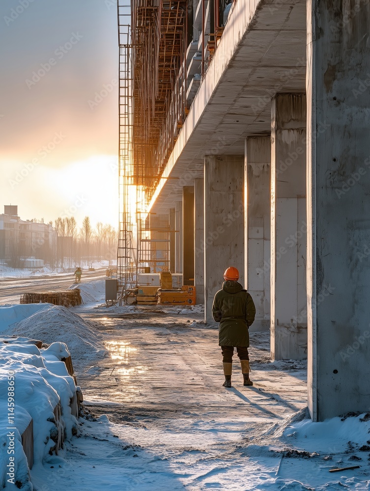 Engineer walking at construction site in winter at sunset Engineer walking at construction site in winter at sunset