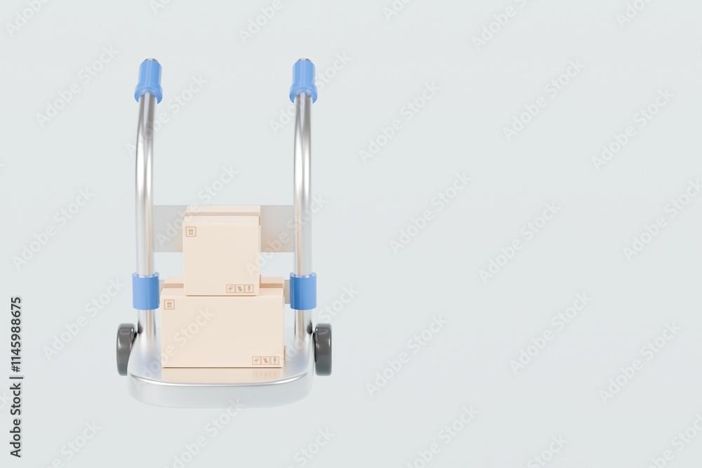 Obraz premium 3d Hand truck with cardboard or parcel box icon isolated on transparent background. Transport trolley. Cargo logistic delivery online service concept. 3d Minimal hand truck procurement icon. 3d render