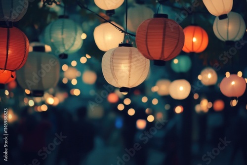 A cluster of colorful paper lanterns suspended from a tree branch, ideal for decorative purposes or outdoor events photo