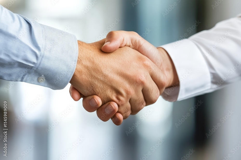 A focused view on a handshake between two professionals dressed in business attire, showcasing a formal agreement or positive interpersonal connection at work. A focused view on a handshake between two professionals dressed in business attire, showcasing a formal agreement or positive interpersonal connection at work.