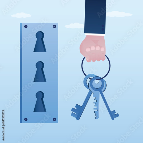 Passwords from different accounts. Methods of protecting personal data, verification of users identity. User hand holds bunch of keys for authorization and open many keyhole