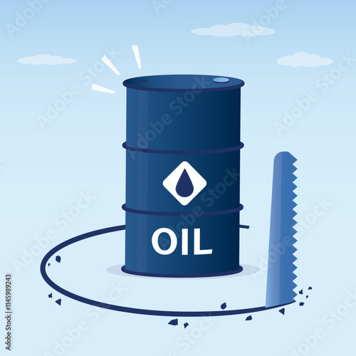 someone sawing floor to collapse and crash petroleum market. Unexpected business mistake, unknown future, surprise economic recession. Crisis in oil industry, low rate oil barrel.