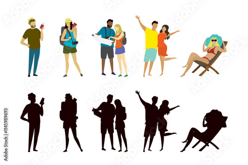 Set of various people tourists. Couples in love and singles with tickets, map and luggage. Collection of simple human characters and silhouettes isolated on white background.