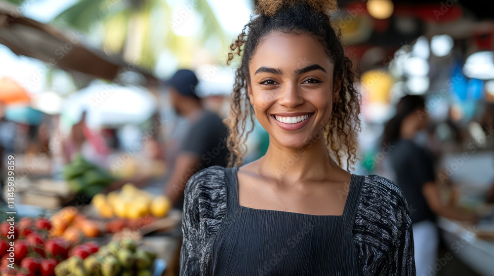 A joyful black woman stands confidently at a lively market, holding a small bowl filled with colorful fresh produce while vibrant stalls fill the background A joyful black woman stands confidently at a lively market, holding a small bowl filled with colorful fresh produce while vibrant stalls fill the background