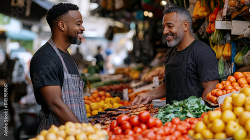 Two men interact warmly at a bustling market, surrounded by an array of fresh vegetables and fruits, showcasing the lively atmosphere of a community shopping experience