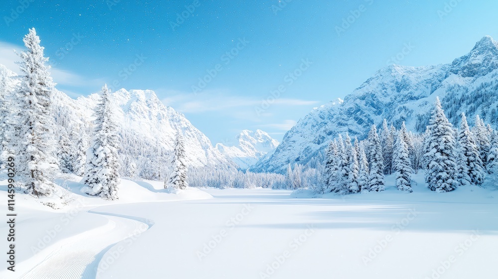 Obraz premium Serene winter landscape with snow-covered mountains and pine trees.