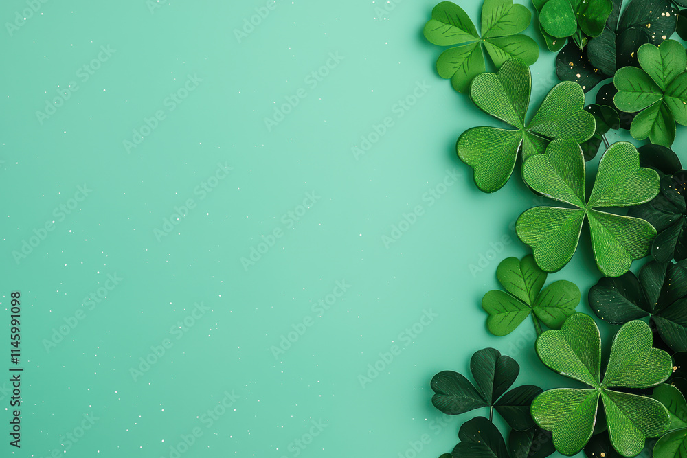 Lush green clovers arranged on vibrant mint background, perfect for St. Patrick Day celebrations Lush green clovers arranged on vibrant mint background, perfect for St. Patrick Day celebrations