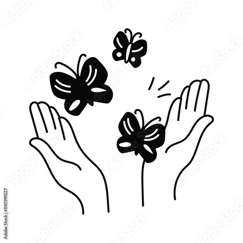 A simple, illustration depicts two hands reaching for butterflies