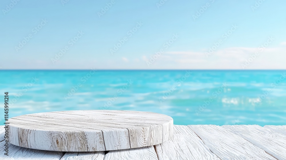 Obraz premium White wooden round platform on beach, ocean background.
