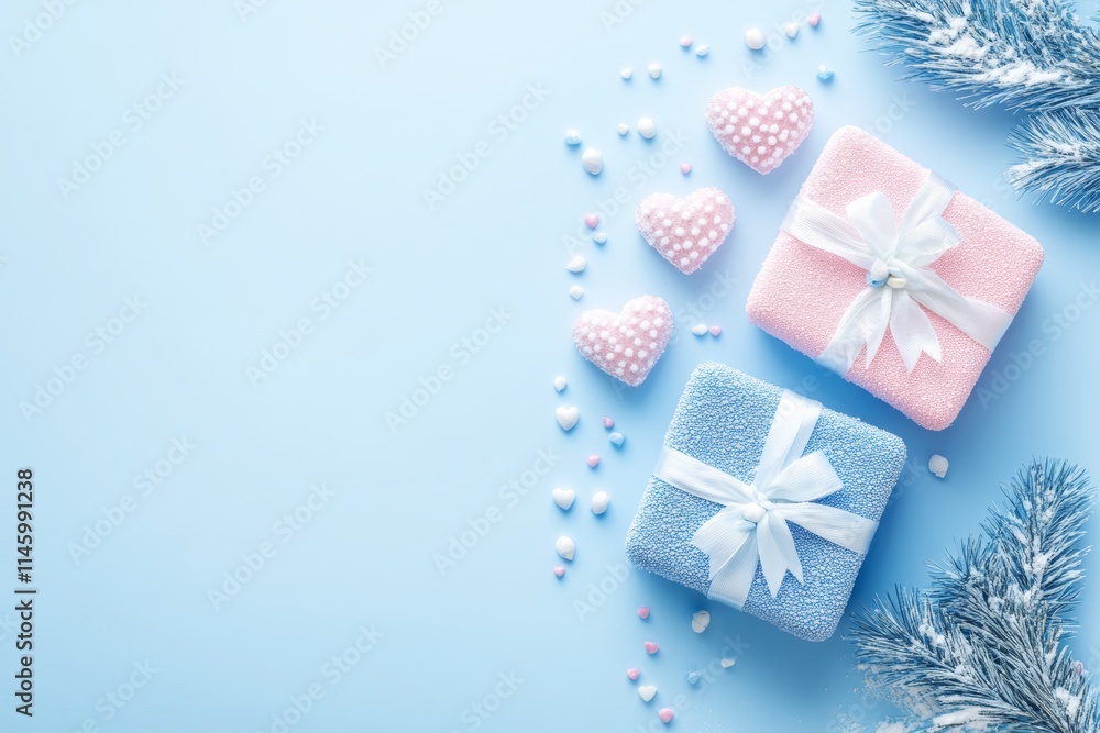 Two beautifully wrapped gifts adorned with vibrant bows and heartfelt designs rest against a serene blue backdrop, capturing the essence of love and celebration. Two beautifully wrapped gifts adorned with vibrant bows and heartfelt designs rest against a serene blue backdrop, capturing the essence of love and celebration.
