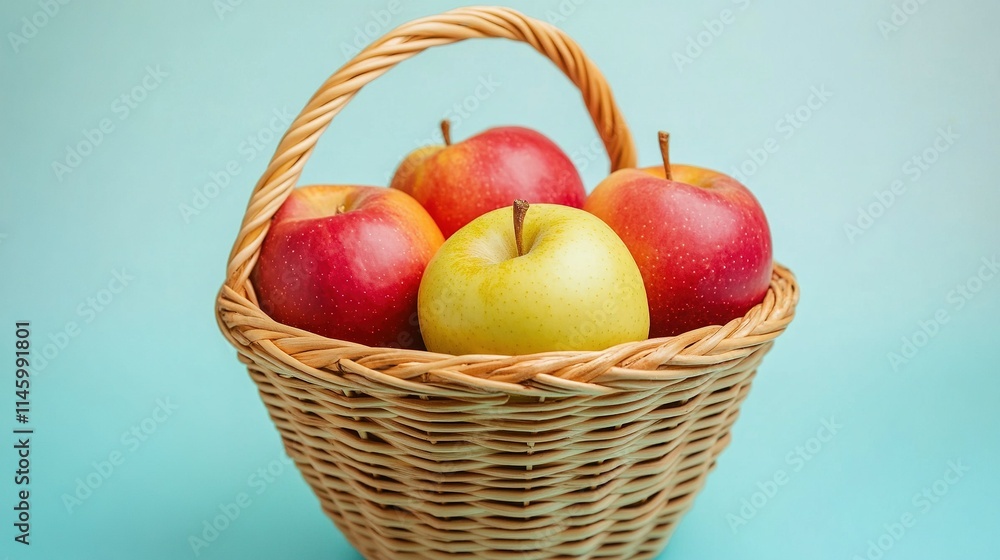 Fresh apples are placed inside a bamboo basket against pastel background. Product extracted from Apple (Malus domestica) reduces the appearance of dark circles Fresh apples are placed inside a bamboo basket against pastel background. Product extracted from Apple (Malus domestica) reduces the appearance of dark circles