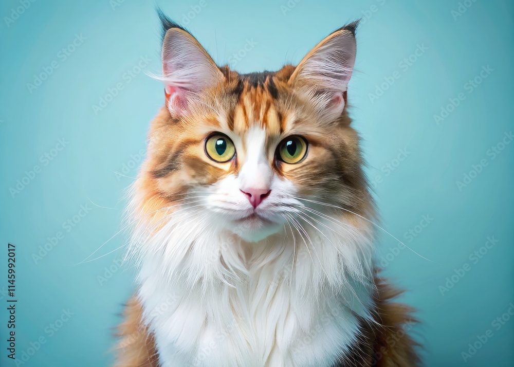 Curious Calico Maine Coon Cat Portrait: Fluffy Tail, Blue Background Curious Calico Maine Coon Cat Portrait: Fluffy Tail, Blue Background