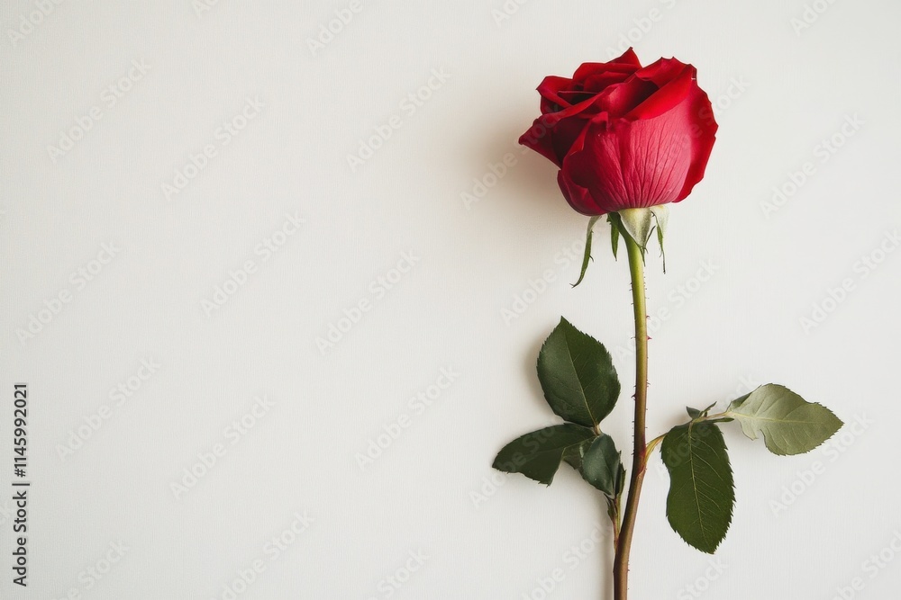Beautiful single red rose with lush green leaves positioned elegantly against a minimalist light background for floral arrangements, gifts, and romantic occasions. Beautiful single red rose with lush green leaves positioned elegantly against a minimalist light background for floral arrangements, gifts, and romantic occasions.