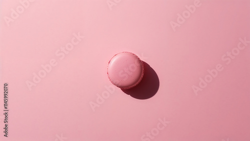 Single pink macaron casting shadow on pink background photo