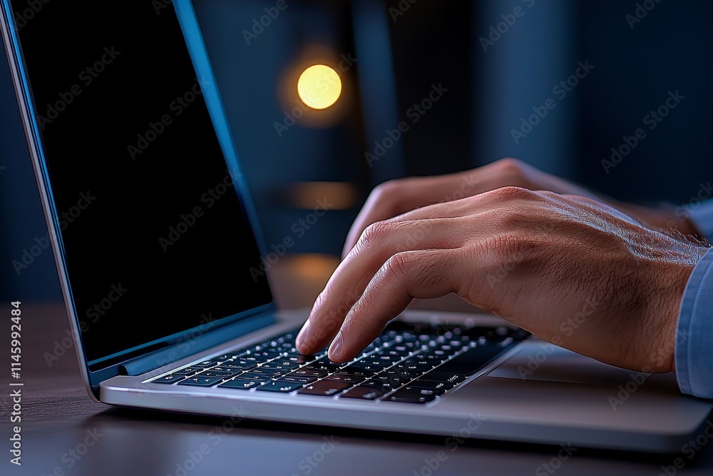 Success form hard work and dedication. Close-up of hands typing on a laptop in low light. Success form hard work and dedication. Close-up of hands typing on a laptop in low light.