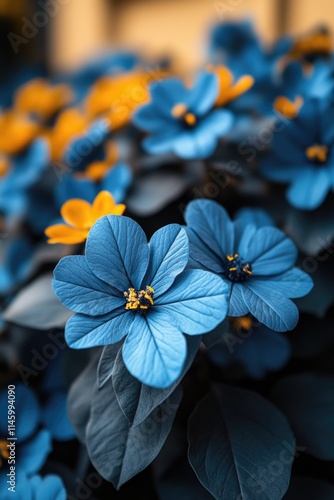 A cluster of blue flowers with bright yellow centers