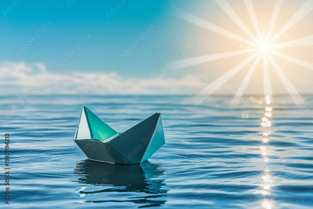 Results follow success and optimism. Paper boat floating on calm water under a bright sun. Results follow success and optimism. Paper boat floating on calm water under a bright sun.
