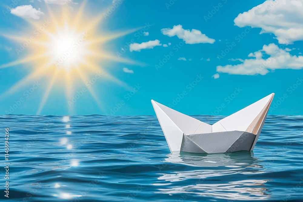Results follow success and optimism. Paper boat floating on water under a bright sun. Results follow success and optimism. Paper boat floating on water under a bright sun.