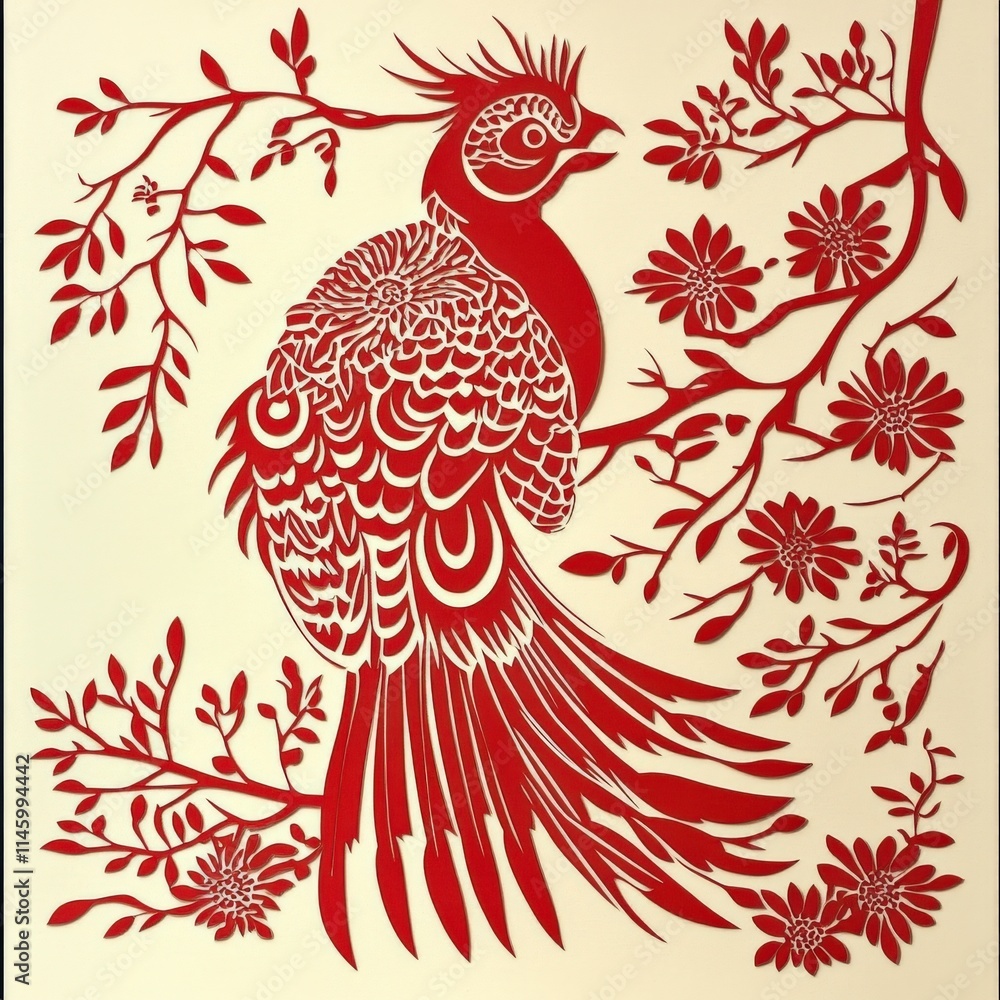 Fototapeta premium Elegant Red Paper Cut Design Featuring a Stunning Bird Surrounded by Delicate Blossoms and Foliage, Showcasing Traditional Artistry and Cultural Heritage