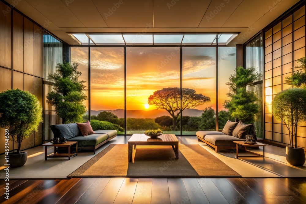 Fototapeta premium Luxury Japanese Living Room Garden View Silhouette Photography - Modern Home Interior Design
