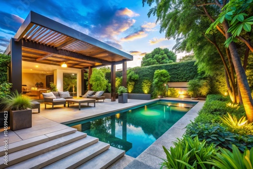 Luxury Poolside Pergola Design: Modern Backyard Oasis with Lush Greenery - Eye Level View photo