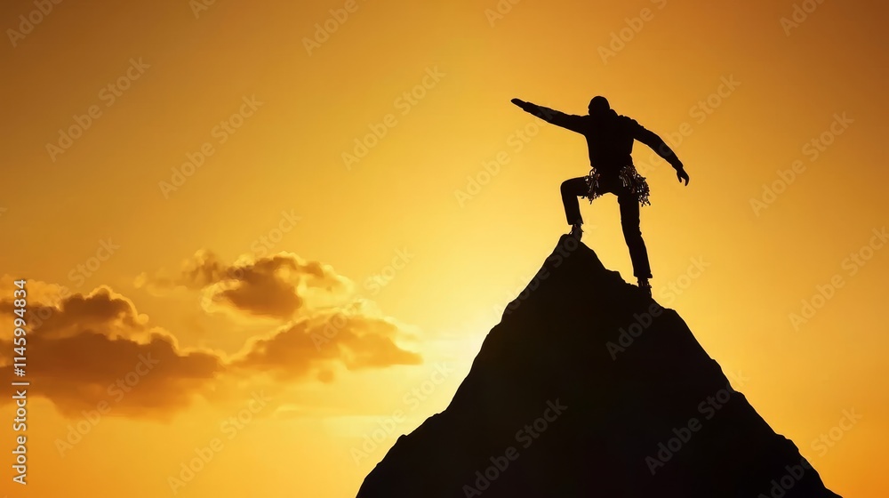 Success from overcoming adversity. Silhouette of climber atop mountain at sunset. Success from overcoming adversity. Silhouette of climber atop mountain at sunset.