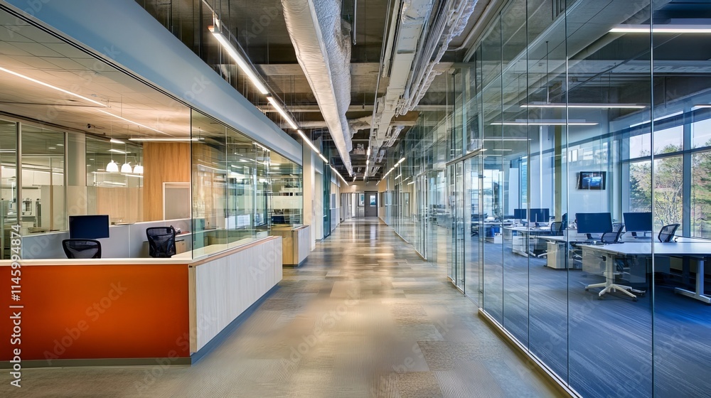 This modern office interior boasts an open layout and glass walls, providing a spacious and collaborative workspace. The soft lighting creates an inviting atmosphere, fostering productivity This modern office interior boasts an open layout and glass walls, providing a spacious and collaborative workspace. The soft lighting creates an inviting atmosphere, fostering productivity
