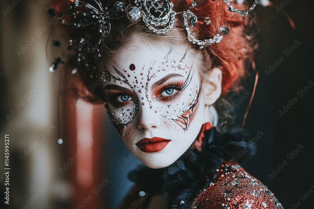 A woman with elaborate face paint and a striking red costume, adorned with decorative elements, exuding elegance and mystery in a theatrical setting. A woman with elaborate face paint and a striking red costume, adorned with decorative elements, exuding elegance and mystery in a theatrical setting.