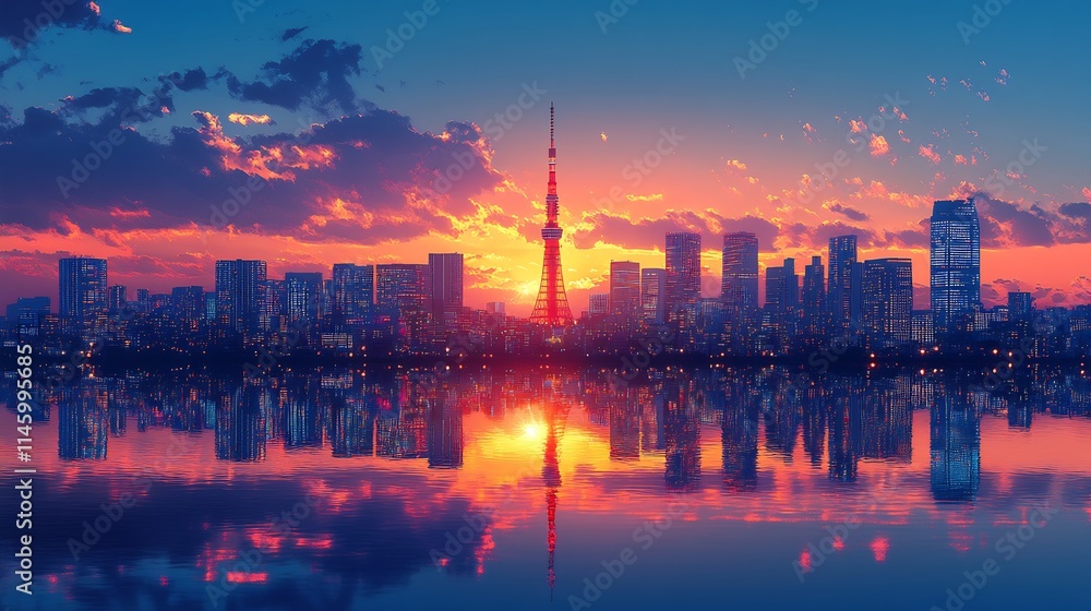 Skyline silhouette dusk with tall skyscrapers glowing in city lights and reflections in the water below Skyline silhouette dusk with tall skyscrapers glowing in city lights and reflections in the water below
