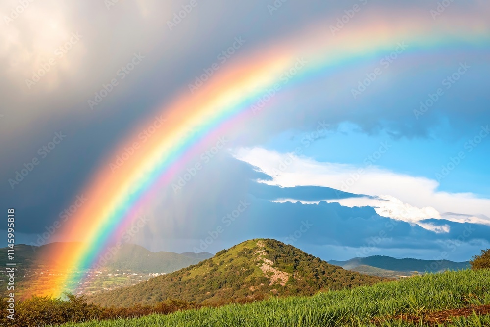 Naklejka premium Results follow success and optimism. Vibrant rainbow arching over green hills and blue sky.