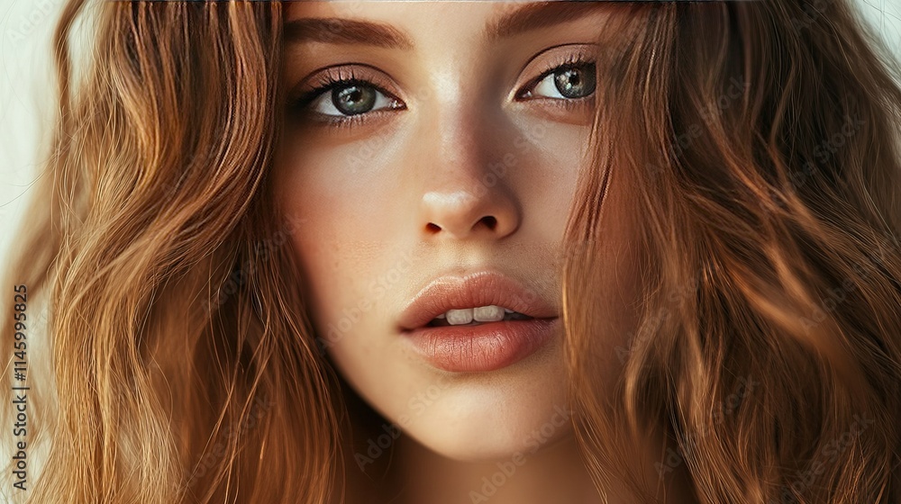Close-up of a woman with golden-brown hair, soft waves framing her face, light makeup enhancing her natural features. Close-up of a woman with golden-brown hair, soft waves framing her face, light makeup enhancing her natural features.