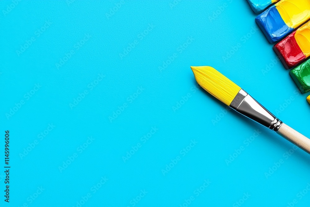 Success form hard work and dedication. Bright paintbrush beside colorful watercolor blocks. Success form hard work and dedication. Bright paintbrush beside colorful watercolor blocks.