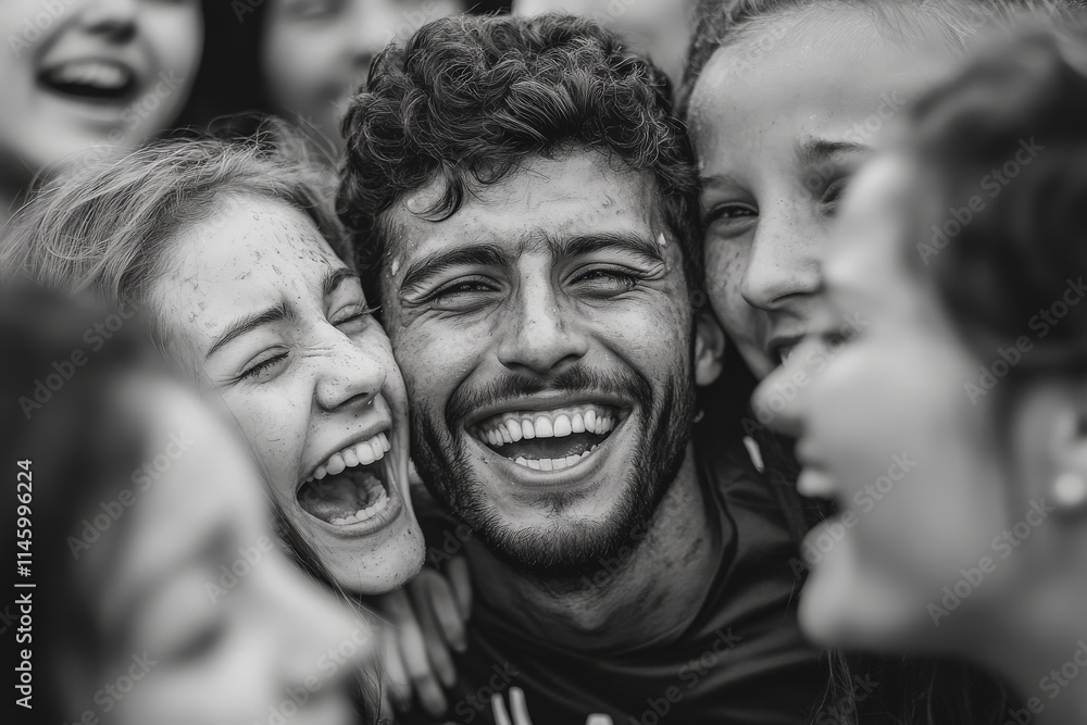 A close-knit group of friends burst into laughter, captured in a timeless black and white photo, revealing the deep bonds of friendship and shared joy. A close-knit group of friends burst into laughter, captured in a timeless black and white photo, revealing the deep bonds of friendship and shared joy.