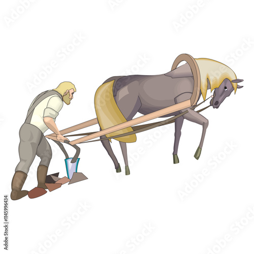 abstract farmer plowing field with a horse Vector illustration