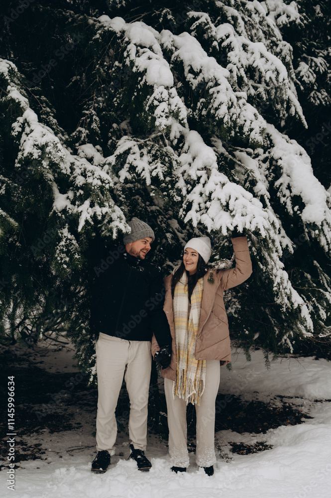 A young happy couple on a winter trip through a snowy forest, dressed in warm winter clothes, stand under a large spruce tree holding hands and looking at each other, shaking the snow off the tree. A young happy couple on a winter trip through a snowy forest, dressed in warm winter clothes, stand under a large spruce tree holding hands and looking at each other, shaking the snow off the tree.