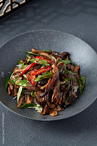 Spicy dry pot bacon and tea tree mushroom photo