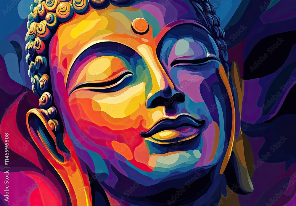 Colorful and vibrant Buddha head illustration against a background Colorful and vibrant Buddha head illustration against a background