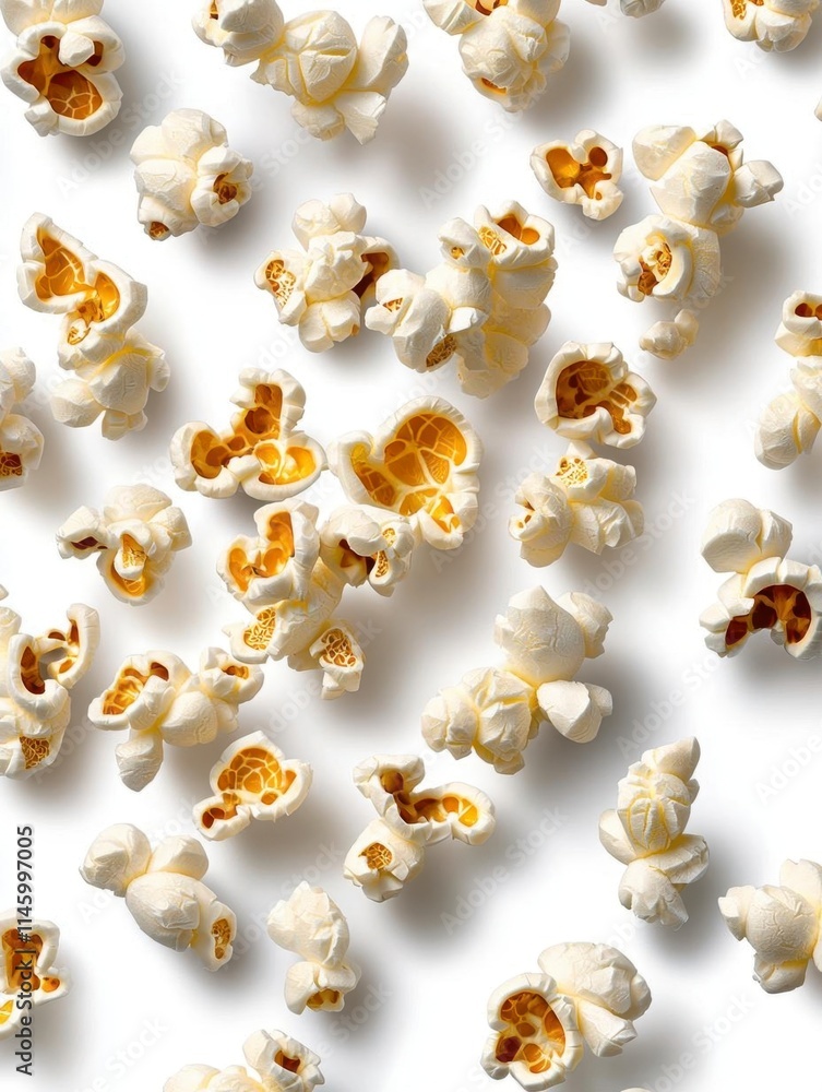 Fototapeta premium A photostock of light and fluffy popcorn scattered symmetrically, isolated on a clean white background, fun and appetizing, High Quality