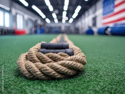 Olympic Rings, Coiled Ropes on Artificial Grass Surface, Studio Backdrop for Fitness Training or Sports Symbolism
