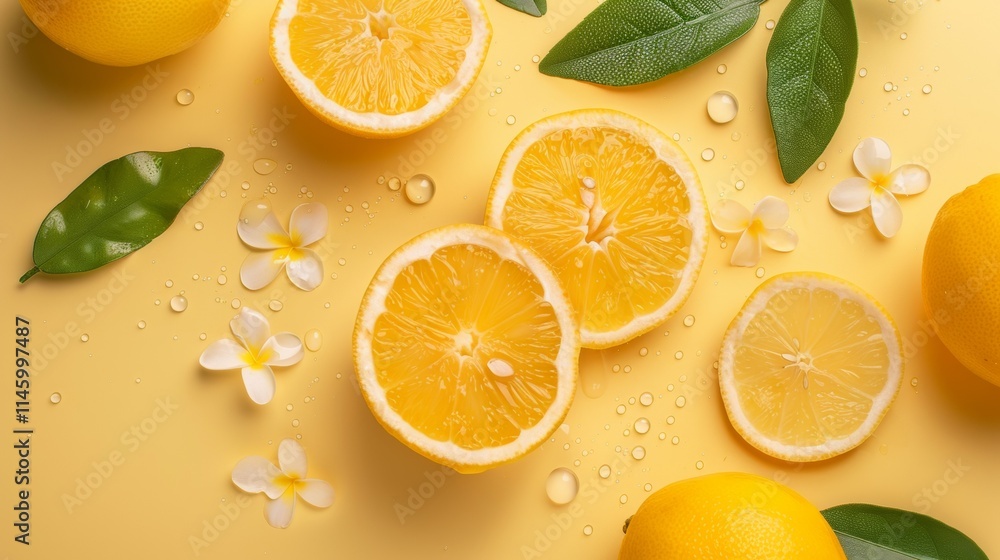 Fresh lemon slices with white petals on a yellow background Fresh lemon slices with white petals on a yellow background