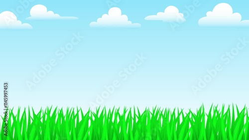 A vibrant summer meadow stretches towards a boundless blue sky, dotted with fluffy clouds