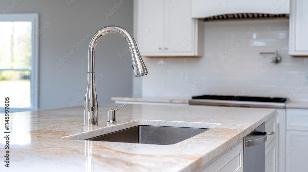 Modern kitchen island with granite countertop, stainless steel sink, and chrome faucet. Modern kitchen island with granite countertop, stainless steel sink, and chrome faucet.